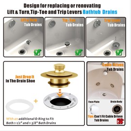 Artiwell Bath Tub Drain Trim Set Conversion Kit Assembly, with Easy Installation Lift and Turn Twist Bathdrain Stopper and Two Holes Tub Drain Overflow Faceplate, Fit Most Bath Drains, Brushed Gold