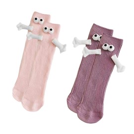 DUINIU 2 Pairs Of Magnetic Cartoon Socks, Magnetic Socks For Holding Hands, Cartoon Couple Socks, Funny 3d Cute Socks, Suitable For Couples, Children, Etc., Purple Pink Socks