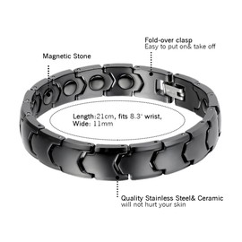 Cupimatch Men's Health Bracelet 15 mm Magnetic Therapy Stainless Steel Bracelet Bangle 2 Magnets Red White in Each Link with Clasp Black, Stainless Steel