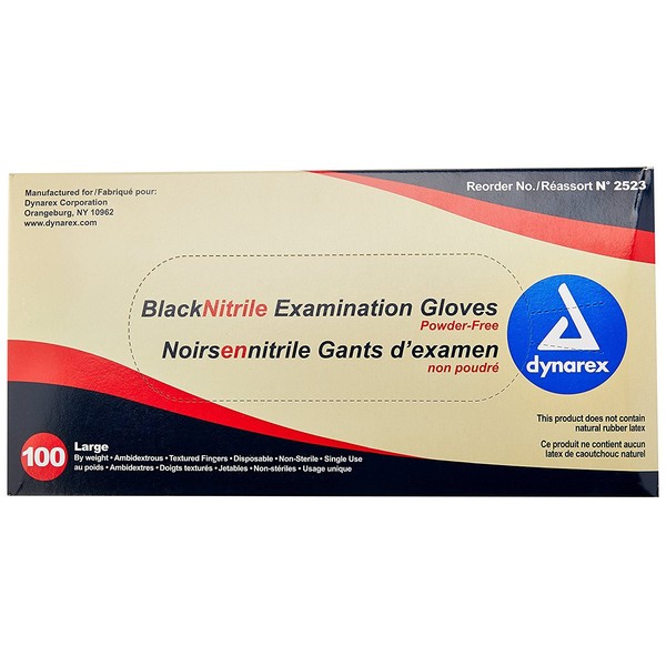 Dynarex Safe-Touch Black Disposable Nitrile Exam Gloves, Powder-Free, Used in Healthcare and Professional Settings, Law Enforcement, Tattoo, Salon or Spa, Large, 1 Box of 100 Gloves