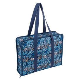 Hobby Gift Soft Craft Bag – Cotton Fabric with Classic Woodblock Floral Print Large Storage for Yarn, Projects & Accessories Transparent Pockets & Elastic Tool Loops 26.5 x 10 x 34.5cm