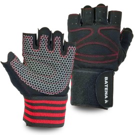 BATENA Training Gloves, Wrist Wrap, Strength Training, Power Grip, M-XL (Red, XL)