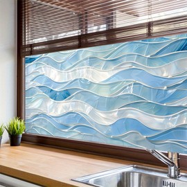 HOMETITUTE Blue Wave Glass Window Film 39.3x17.7 Inch Decorative Static Cling Window Covering Privacy Mosaic Design Bathroom Door Sunlight Filter Reusable Film for Kitchen Office Entryway