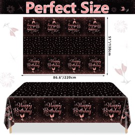 Pack of 2 Rose Gold Happy Birthday Tablecloths, 130 x 220 cm Black and Rose Gold Rectangle Tablecloth for Women Girls Birthday Party Decorations Accessories