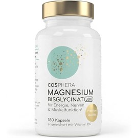 COSPHERA® Magnesium Bisglycinate [300 mg] with Vitamin B6 (P-5-P) - 180 Vegan Capsules - High Bioavailability (Chelate) - No Unnecessary Additives - for Energy, Nerves & Muscles