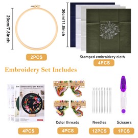 Embroidery Kit 4 Pieces Embroidery Set Beginners, Embroidery Set Adults, Stick Sets for Embroidery Beginners Embroidery Pictures Pre-Printed Cross Stitch with Floral Pattern for DIY Art, Crafts