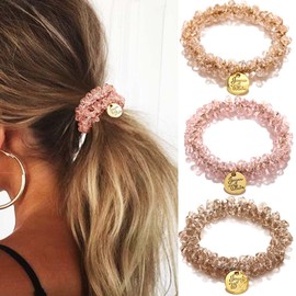 Reaky Rhinestone Hair Ties Elastic Ponytail Holder Black Beaded Hair Scrunchies 3 Pcs Stretchy Hair Bands Hair Accessories for Women (Pink+Transparent+Champagne)