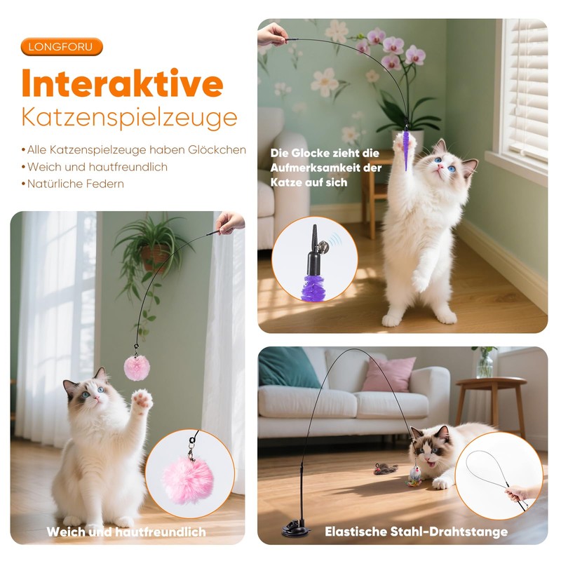 LongForU Katzenangel mit Federn und Saugnapf - Interaktives Katzenspielzeug und