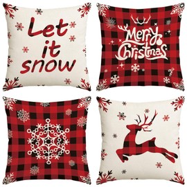 fokusent Set of 4 Christmas Throw Pillow Covers 18 x 18 Inches - Black Red Plaid Farmhouse Decorative Pillow Covers Snowflake Xmas Pillow Cushion Case for Sofa Couch