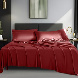 Shilucheng 6-Piece Sheets Set，Rayon Derived from Bamboo_ Sheets, Cooling & Breathable Bed Sheets, Silky Bedding Sheets & Pillowcases, 16 Inch Deep Pockets(King,Burgundy)