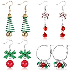 Hicarer 4 Pairs Christmas Dangle Earrings Set Christmas Tree Bell Light Bulbs Hoop Earrings for Holiday Women(Bow Style)