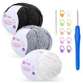 Fluffy Yarn for Crochet 50gx3 with 4mm Hook, Flutterby Chunky Yarn for Crochet, Soft Plush Chunky Thick Wool, Perfect for Baby Blankets & Amigurumi(3-Black)
