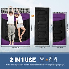 WKFAMOUT Double Sleeping Bag for Adults Machine Washable 2 Person Camping Sleeping Bag Queen Size Waterproof with Compression Sack for Cold Weather 3-4 Seasons