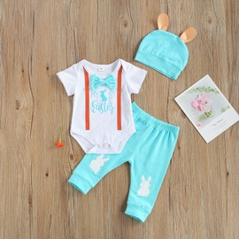 Loalirando Easter Outfits Toddler Baby Girl Boy Outfit Short Sleeve Tie Decor Rabbit Print Gentleman Romper Elastic Waist Pants Hat 3Pcs Sets (White, 3-6 Months)