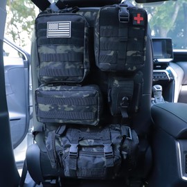 Universal Tactical Car Seat Back Organizer Bag Tactical Molle Vehicle Organizers Panel Vehicle Protector Organizers with 5 Detachable Pouches for Car Truck Ford Jeep (Black Camo)