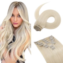 Hairro Clip in Hair Extensions Human Hair (12 Inch #60 Platinum Blonde) Remy Human Hair Light Real Human Hair Clip in Extension for Women for Party Concert Date 55g 8PCs