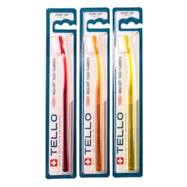 TELLO 14000 Adult Mega Soft Post-Op Toothbrush for Gentle Cleaning with Ergonomic Handle, Made in Switzerland, Colors Vary, 3-Pack