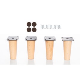 4 x Beech Wood Legs with Mounting Plate, 8,10,12,15,20 cm High, Straight Tapered Wooden Legs (4 x 10 cm, Natural)