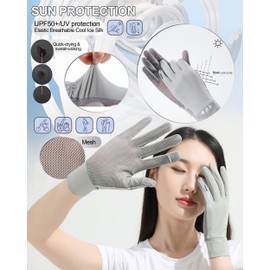 Sun Gloves for Women UPF 50+ UV-Protection, Summer 2-Fingers-Flip Thin Ice-Silk Breathable Mesh Cooling Running Gloves, Grey