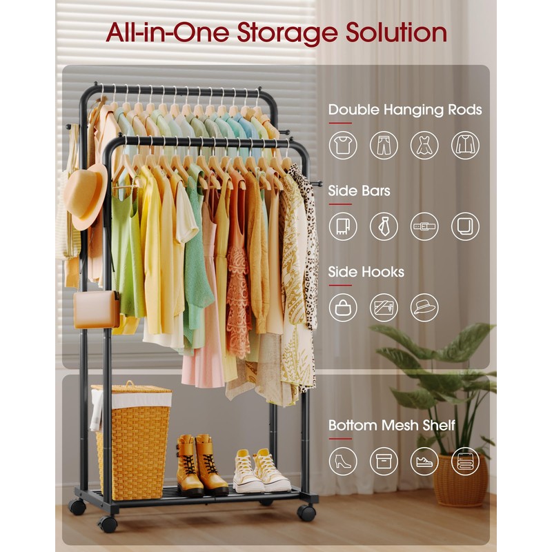 Sakugi Clothes Rack - Double Rods Clothing Rack with Mesh