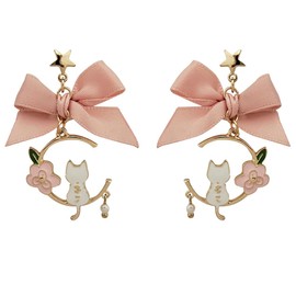 Anime Cat Earrings For Women Cute Pendant Earrings Enamel Cat Sterling Silver Stud Hypoallergenic Earrings (Pink)