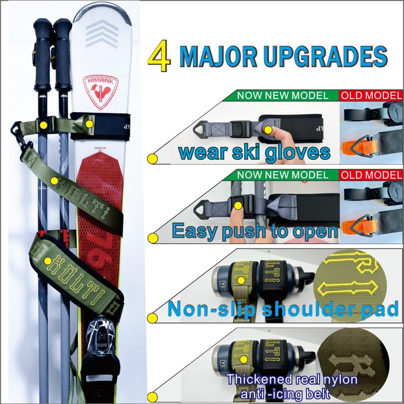 Kolti Adjustable Ski Shoulder Carrier, Snowboard Handle Straps, Skiing Accessory
