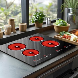 4 Burner Electric Stove Top，24 Inch Built-in Electric Stove Top,6000W Electric Ceramic Cooktop with 4H Timer, Kid Safety Lock and Knob Control, 9 Heating Level,220v(no plug)