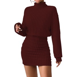 Women's Pullover Sweater Dress Long Lantern Sleeve Turtle Neck Cute Ribbed Knit Bodycon Mini Short Dress 2025 Fall-Dark Red-M