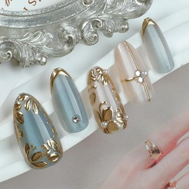 30 Pcs Handmade Press on Nails Short Almond Nail Tips,YEFIUO Cat's Eye Acrylic Fake Nails Press ons 5D Embossed Golden Leaves Design Glue on Nails Full Cover Reusable False Nail Art Kit for Ma'am