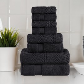 Superior Cotton Chevron 8 Piece Assorted Towel Set, Zero Twist, Quick Dry, Home Essentials, Shower, Spa, Luxury Plush Soft Absorbent Towels, Includes 2 Bath, 2 Hand, 4 Washcloth/Face Towels, Black