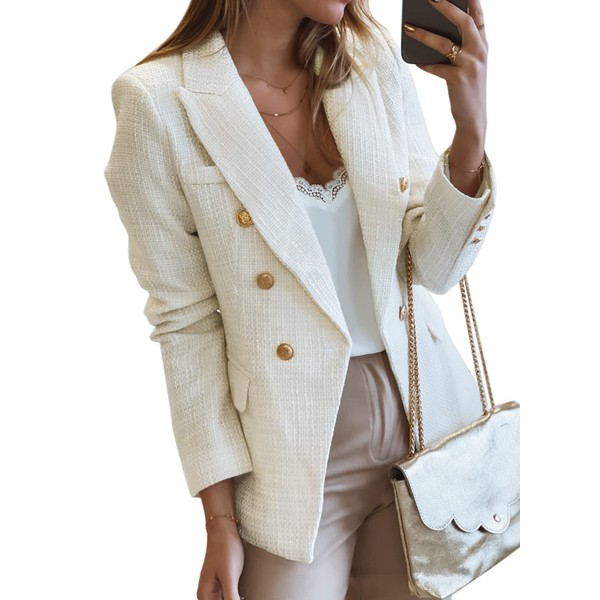Happy Sailed Womens Fashion Work Suits 2023 Fall Winter Long Sleeve Double Breasted Tweed Blazers Slim Fitted Lapel Open Front Business Office Blazer Jackets Professional Outfits White Medium