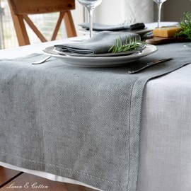 Linen & Cotton Luxury Hemstitched Table Runner SCANDI, 100% Linen - 44 x 180cm (17.6'' x 72''), Grey/Silver