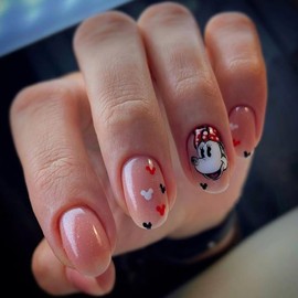 24Pcs Cute Press on Nails Short Fake Nails Tips Glitter Full Cover Nude False Nail for Women Artificial Reusable Nails Kit with Nail Jelly Glue Cartoon Press on Fashion False Nails Gifts