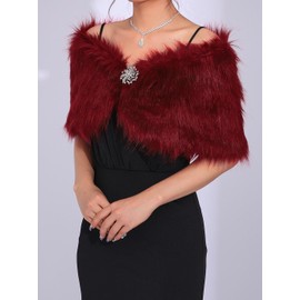 EASEDAILY Women's Fur Shawls and Wraps Wedding Fur Stole Faux Bridal Fur Shrug Winter Fur Cover Up with Brooch for Bride (Large, H-red fox fur)
