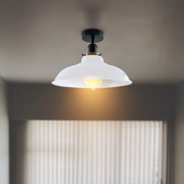 LEDSone Industrial Vintage Semi Flush-Mounted Ceiling Light Metal Bowl Shape Downlight Red Lampshade Living Room Indoor Decoration E27 Base (White)