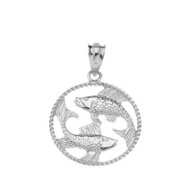 Astrology Jewelry Solid 925 Sterling Silver Round Pisces Zodiac Sign Twisted Style Rope Charm Pendant