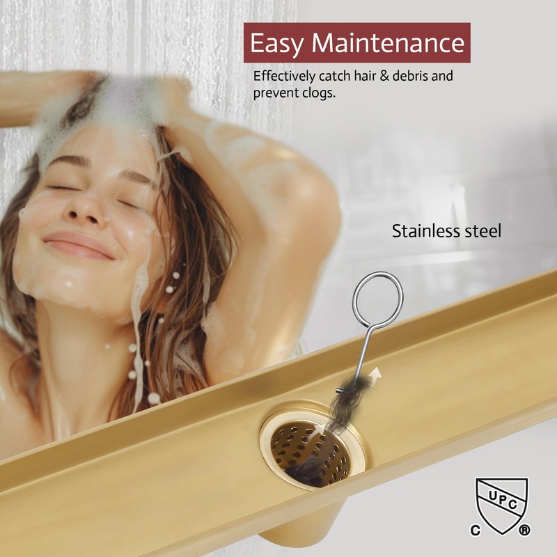 Muschbath 24 Inch Linear Shower Drain, Brushed Brighter Gold Shower