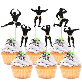 Gyufise 24Pcs Male Dancers Strippers Beefcake Cupcake Toppers Black Glitter Bachelorette Cupcake Toppers Picks Hen Party Decoration Supplies
