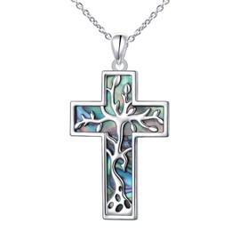 FLYOW Religious Cross Pendant Necklace 925 Sterling Silver Abalone Shell Tree of Life Pendant Jewelry for Women Men Christian Valentine Christmas Birthday