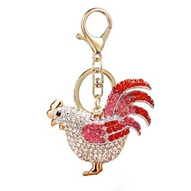 Axmerdal Chicken Cock Rooster Crystal Rhinestone Keyring Car Handbag Pendant Charm Pompom Key Chain Gift (red)