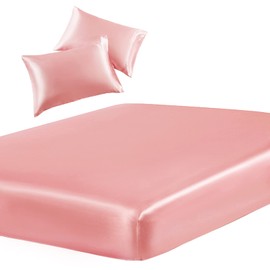 SiinvdaBZX 3-Piece Set Satin Full Fitted Sheet & 2 Pillowcase, Blush Pink Silky Soft Fitted Bottom Sheet, Wrinkle Free, Fade Resistant, Deep Pocket Bed Sheet (Deep Up to 15")