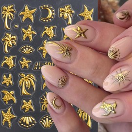 5D Embossed Ocean Life Nail Art Stickers Decals Self Adhesive Gold Nail Decals Sea Coconut Designs Summer Nail Stickers Seashell Starfish Manicure Sliders for Women DIY Nail Art Decorations