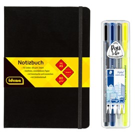 Idena 90333 Notebook DIN A5 with 192 Lined Pages, Includes Staedtler Triplus Mobile Office Set with Fineliner, Ballpoint Pen, Mechanical Pencil and Highlighter