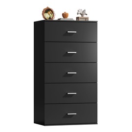 WLIVE Wood Dresser for Bedroom, Tall Chest of Drawers with Mental Handles, Black Bedroom Dresser with 5 Drawers, Modern Minimalist Closet Store Organizer for Living Room, Hallway