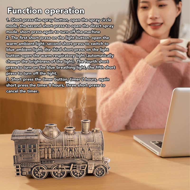 Train Humidifier 300ml Retro Train Shape Aromatherapy Diffuser with Waterless