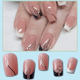 French Tip Press on Nails Medium Black Square Fake Nails with Rhinestone Designs Glossy Full cover Stick on Nails Artificial Acrylic False Nails Glue on Nails for Women Girls