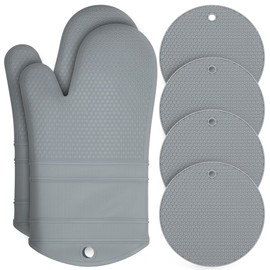 6 Pack Oven Mitts and Pot Holders Sets,Silicone Oven Mitts &Hot Pads,Long Cooking Gloves,Kitchen Trivet Mats,Kitchen Home Essentials,12.9" Mitts 7" Trivets (1*Pair Grey Oven Mitts+4*Trivet)