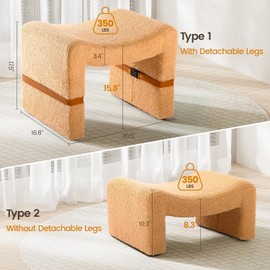 Memobarco Vanity Stool Chair, Sherpa M-Shaped Ottoman Foot Rest with Detachable Legs & Side Belt, Foot Stool with Soft Boucle Fabric Seat for Makeup, Living Room, Bedroom, Entryway - Coffee