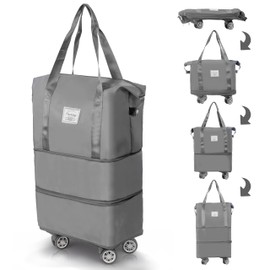 Finnhomy 50L Expandable Rolling Duffel Bag with Wheels Foldable Duffel Bag for Travel Carry on Bag with Wheels Luggage Travel bag Detachable Wheel Duffel Bag for Shopping Travel Outdoor, Grey