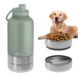 32oz Dog Water Bottle with Bowls - Leakproof Insulated Stainless Steel, Portable Travel Bottle for Hiking, Camping, Outdoor Use (Muted Olive, 32oz)